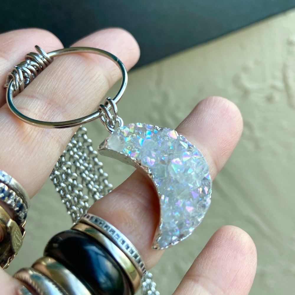 Moon crystal necklace . Stainless steel chains druzy aura quartz moon charm boho - Picture 4 of 15